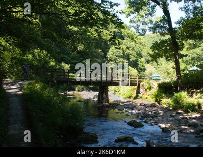 Brücke über den East Lyn River in der Nähe von Watersmeet House und Tearoom, Watersmeet, Devon Stockfoto