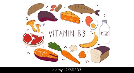 Vitamin B3 Niacinamid Vitamin PP Niacin Nicotinamid. Gruppen von gesunden Lebensmitteln, die Vitamine enthalten. Set von Obst, Gemüse, Fleisch, Fisch und Stock Vektor