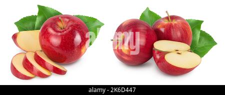 Roter Apfel mit Scheiben isoliert auf weißem Hintergrund mit voller Schärfentiefe Stockfoto