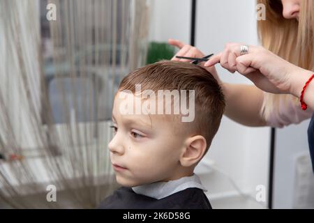 Netter kleiner europäischer Junge, der im Friseurladen Frisur bekommt. Friseur macht eine Frisur für einen Jungen. Stockfoto