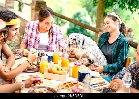 Junge Menschen auf gesunde pic nic Frühstück mit niedlichen Welpen auf dem Land Bauernhof Haus - Alternative Lifestyle-Konzept mit glücklichen Freunden Spaß toge Stockfoto