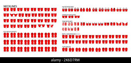 Set von Halsbändern Kleidung - Kragen, Plaketten, Strick, Pullover, Tops, Trägerlose, Rollkragenpullover, Tank, Halter technische Mode Illustration. Flache Bekleidungsvorlage vorne, hinten. Frauen, Männer CAD-Modell Stock Vektor