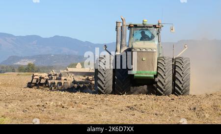 Skagit Valley, WA, USA – 11. Oktober 2022; John Deere 9530 Knickgelenkter 4WD-Traktor, der im Herbst mit einer Scheibenegge in einem Trockenpflanzenfeld arbeitet Stockfoto