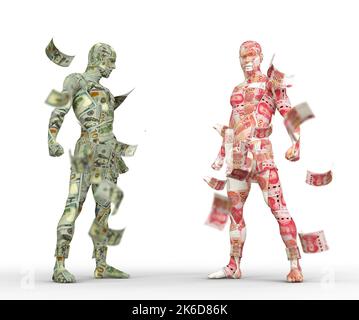 US-Dollar vs. Chinesischer Yuan, Forex-Handel, Währungsparaking, menschliche Charaktere aus Geld, 3D Rendering Stockfoto