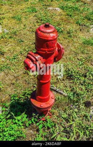 Rote Metall-Hydrantenleitungen über dem Grundwasser weisen auf eine grüne Vegetation in ländlicher Umgebung hin. Stockfoto