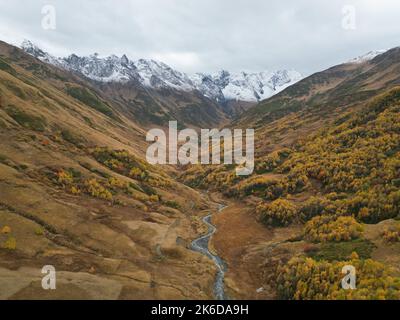 Helle Herbstfarben an den Hängen des Kaukasus-Gebirges vor dem Hintergrund schneebedeckter Gipfel Stockfoto