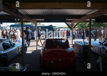 Red 1962 AC Cobra Stirling Moss Memorial Trophy Rennteilnehmer im Fahrerlager,1950s Ecurie Ecosse Team Transporter Truck im Hintergrund, Goodwood, UK Stockfoto