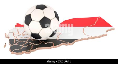 Fußballball mit Karte des Jemen Konzept, 3D Rendering isoliert auf weißem Hintergrund Stockfoto