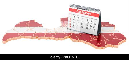 Tischkalender auf der Karte von Lettland. 3D Darstellung isoliert auf weißem Hintergrund Stockfoto