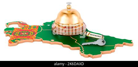 Turkmenistan Buchungskonzept. Turkmenische Flagge mit Hotelschlüssel und Empfangsglocke, 3D, isoliert auf weißem Hintergrund Stockfoto