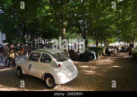 Ein elektrischer Goodwood-Kleintransporter und ein kleiner Micro-1950s-Wagen, der unter den Bäumen geparkt ist, BARC Revival Meeting, Goodwood-Autorennstrecke, Chichester, Großbritannien Stockfoto