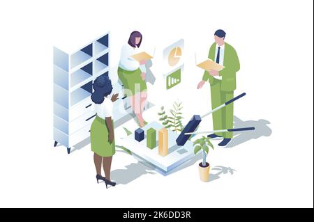Business Statistik Web-Konzept in 3D isometrischen Design. Menschen Brainstorming und Buchhaltung im Büro, analysiert Daten, machen Finanzbericht mit Stock Vektor