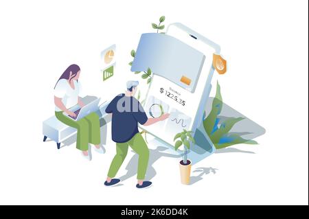 Mobile Banking Web-Konzept im isometrischen Design von 3D. Menschen verwalten persönliche Finanzen und Kreditkarten, machen Geldtransfer mit persönlichen Konto in Stock Vektor