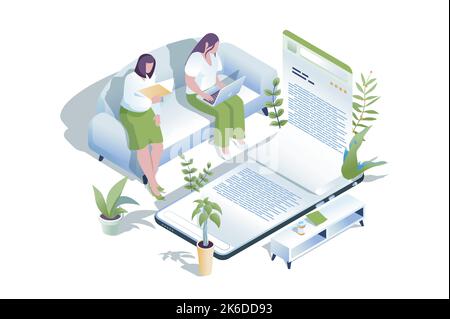 Online-Lesekonzept im isometrischen Design von 3D. Menschen, die E-Bücher oder Lehrbücher auf Laptop und mobile Anwendung lesen und elektronische Bücher kaufen Stock Vektor