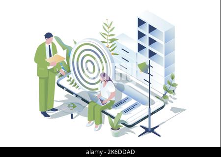 SEO-Optimierung Web-Konzept in 3D isometrisches Design. Personen, die Daten analysieren, Schlüsselwörter auswählen, Einstellungen vornehmen und die Website für häufig gestellte Suchanfragen optimieren Stock Vektor