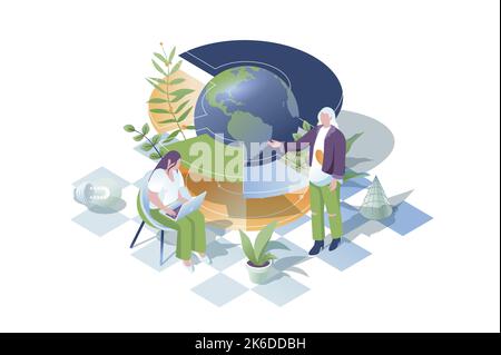 Globales Business-Web-Konzept im isometrischen Design von 3D. Mitarbeiter in internationalen Unternehmen. Geschäftsfrau diskutiert Expansionsstrategie auf der ganzen Welt und Stock Vektor
