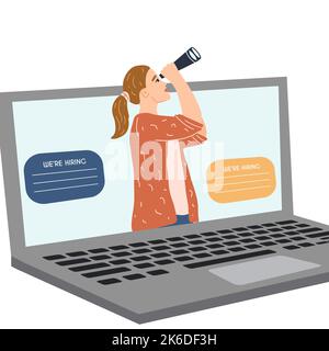 Frau mit Fernglas auf dem Bildschirm sucht nach neuen Angestellten, Arbeitskandidaten und Angestellten. Wir re Einstellungskonzept, Online-Stellenangebot Stock Vektor