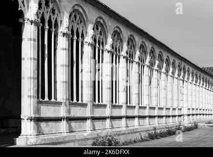 Schwarz-Weiß-Foto mit gotischer Außenfassade der katholischen Basilika in Pisa Stockfoto