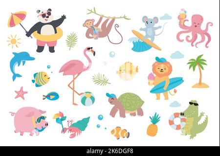 Niedliche Tiere im Sommerurlaub Set mit Cartoon-Elementen im flachen Design. Panda am Strand, Surfmaus oder Löwe, Oktopus mit Eis Stock Vektor