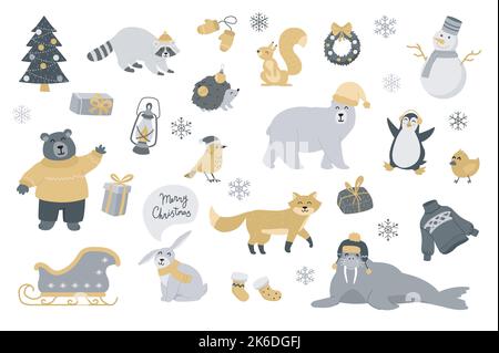 Niedliche Tiere im Weihnachts-Set mit Cartoon-Elementen im flachen Design. Festbaumbündel, Waschbär, Igel, Kranz, Schneeflocken, Schneemann, Geschenk Stock Vektor