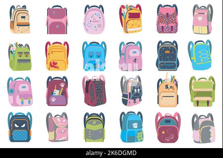 Rucksäcke Set mit niedlichen Cartoon-Elementen im flachen Design. Bunte Rucksäcke oder Schultaschen in verschiedenen Stilen. Öffnen oder schließen Sie Beutel mit Stock Vektor