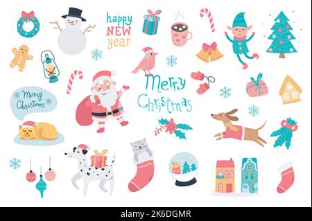 Fröhliches Weihnachts-Set mit Cartoon-Elementen im flachen Design. Kranzbündel, Schneemann, Geschenk, Glocke, Elfe, Lebkuchen, Laterne, Weihnachtsmann, Fäustlinge und Stock Vektor