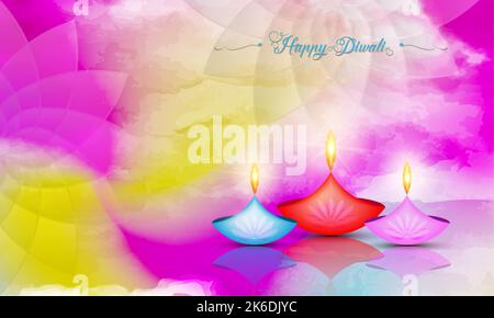 Happy Diwali Festival of Lights India Feier farbenfrohe Vorlage. Grafisches Bannerdesign von indischen Lotus Diya Öllampen, modernes Design in lebendiger CO Stock Vektor