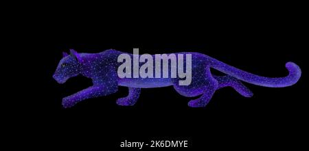 Isoliertes Low-Poly-Grafikdesign von Leoparden in Form von Linien und Punkten, bestehend aus Dreiecken auf schwarzem Hintergrund. Neonlicht. Personalberatung Stockfoto