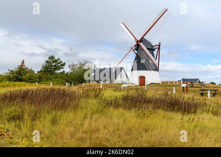 Historische und restaurierte Windmühle auf der Gezeiteninsel Mandö (UNESCO-Welterbe und Teil des Wattenmeernationalparks), Ribe, Südwester Stockfoto