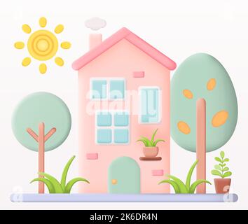 Cartoon Pink Märchenhaus isoliert auf weißem Hintergrund. 3D Vektorgrafik Stock Vektor