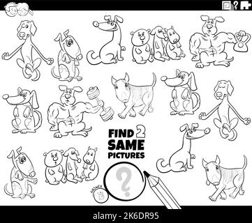 Schwarz-Weiß-Cartoon-Illustration der Suche nach zwei gleichen Bildern pädagogische Aufgabe mit Comic-Hunde Comic-Tierfiguren Färbung Seite Stock Vektor