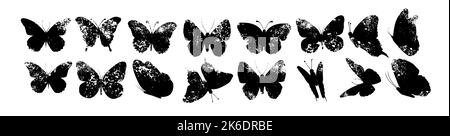 Silhouette eines Schmetterlings. Set von Schmetterlingen in verschiedenen Formen. Monochrome Vektorgrafik auf weißem Hintergrund. Stock Vektor
