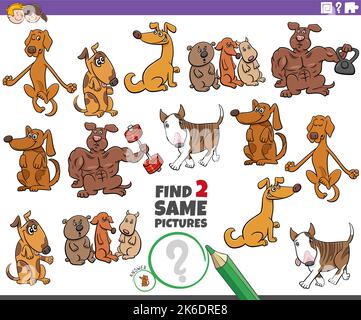 Cartoon Illustration der Suche nach zwei gleichen Bildern pädagogische Aufgabe mit Comic-Hunde Comic-Tierfiguren Stock Vektor