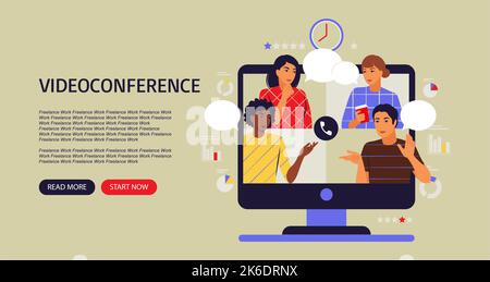 Videokonferenzkonzept. Kollegen auf dem Computerbildschirm sprechen. Landing Page. Vektorgrafik. Flach. Stock Vektor