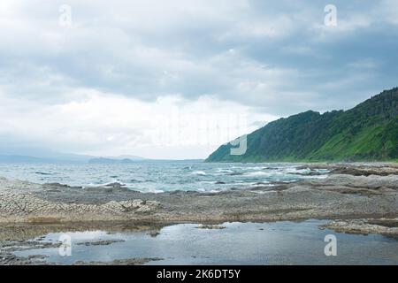Küstenlandschaft mit wunderschönen säulenförmigen Basaltklippen an der bewaldeten Küste der Insel Kunashir Stockfoto