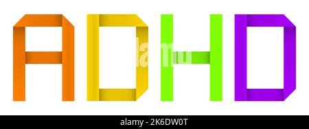 Konzept oder konzeptuelles Papier Origami-Schrift bilden das Wort ADHD isoliert auf weißem Hintergrund als Metapher für Hyperaktivität, Aufmerksamkeitsdefizit Stockfoto
