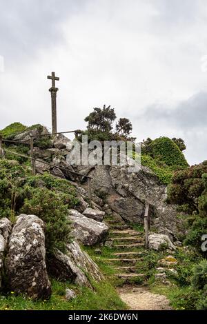 Galizisches Panorama entlang der Straße nach San Andres de Teixido, Einer Provinz Coruna, Galicien. Ruta de la Miradores in Macizo de Herbeira, Spanien Stockfoto