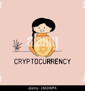 Nettes Mädchen hält Bitcoin Münze. vektor-Kunst Stock Vektor