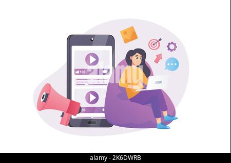 Digitales Marketing-Konzept im flachen Stil mit People-Szene. Frau teilt Werbepost in sozialen Netzwerken und macht Werbung mit Videoinhalten Stock Vektor
