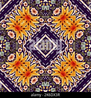 Rustikale provence Blumenmuster Hintergrund. Boho skurrile französische Farbmuster für wiederholte Kacheln. Country Cottage Vintage-Steppdruck. Stockfoto