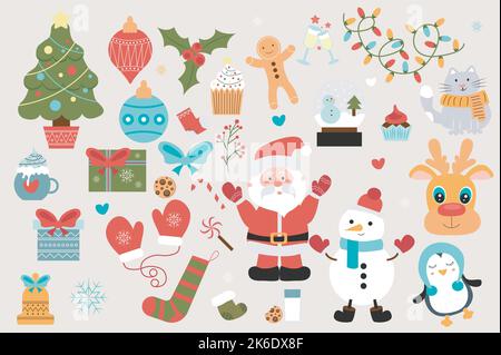 Weihnachtsfeier niedlich Set in flachen Cartoon-Design. Festbaumbündel mit Spielzeug, Cupcake, Lebkuchenmann, Girlande, Geschenk, Weihnachtsmann, Schneemann, Hirsch Stock Vektor
