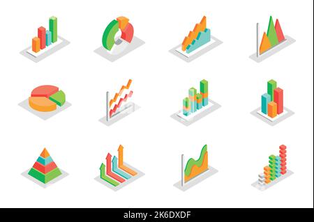 Diagramm und Diagramme Konzept 3D isometrische Symbole gesetzt. Elemente von Balken- und Kreisdiagramm, Segment, Pyramide, Pfeile, Datenanalyse, Statistiken und andere Stock Vektor