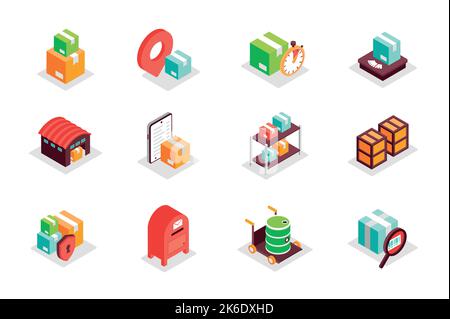 Logistikkonzept 3D isometrische Symbole gesetzt. Paketelemente der Paketzustellung, Standortverfolgung, schneller Versand, Lager, Schutz, Mailbox und Stock Vektor