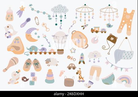 Neugeborene Babyartikel niedliches Set im flachen Cartoon-Design. Fläschchen, Babymodul, Kleidung, Lätzchen, Schnuller, Schuhe, Windeln, Hosen, Spielzeug, Pyramide, hut Stock Vektor