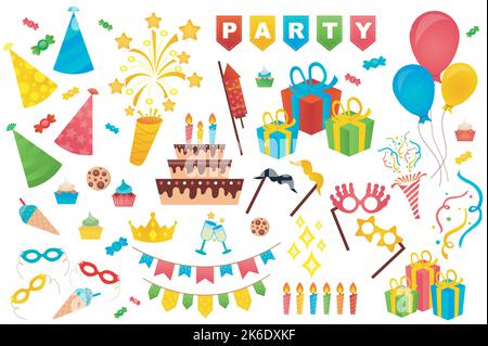 Geburtstagsfeier niedlich Set in flachen Cartoon-Design. Paket von festlichen Hut, Feuerwerk, Girlande, Kuchen, Geschenk, Ballon, Gläser, Krone, süß, Cupcake, Kerze Stock Vektor
