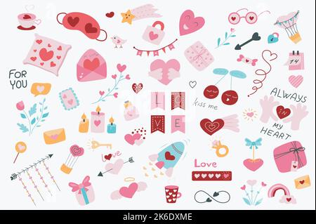 Valentinstag niedlichen Set in flachen Cartoon-Design. Herzbündel, Tasse, Schlafmaske, Vorhängeschloss, Brille, amor Pfeil, Geschenk, Süßigkeiten, Kirsche, Kalender, Blume Stock Vektor