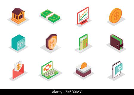 Isometrische Symbole für Finance Concept 3D. Bündelung von Elementen aus Bank, Geld, Datenanalyse, Coin, Safe, Rechner, Buchhaltung, Brieftasche, Steuern, Zahlung und Stock Vektor