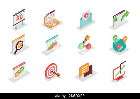 SEO und Marketing Konzept 3D isometrische Symbole gesetzt. Elemente von Werbung, Optimierung, Inhalt, Link, Einstellungen, Datenanalyse, Datenverkehr und Stock Vektor