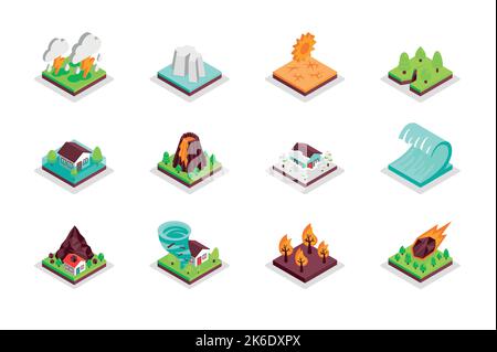 Natural Disaster Concept 3D isometrische Symbole gesetzt. Bundle Elemente von Gewitter, Dürre, Vulkanausbruch, Tsunami, Waldbrand, Meteorit und andere Stock Vektor