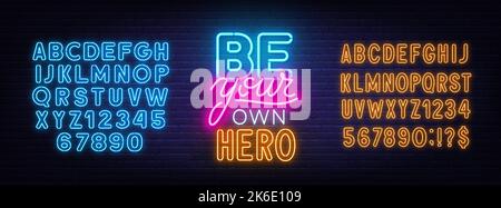 Seien Sie Ihr eigenes Held Neon Zitat auf Backstein Wand Hintergrund. Stock Vektor